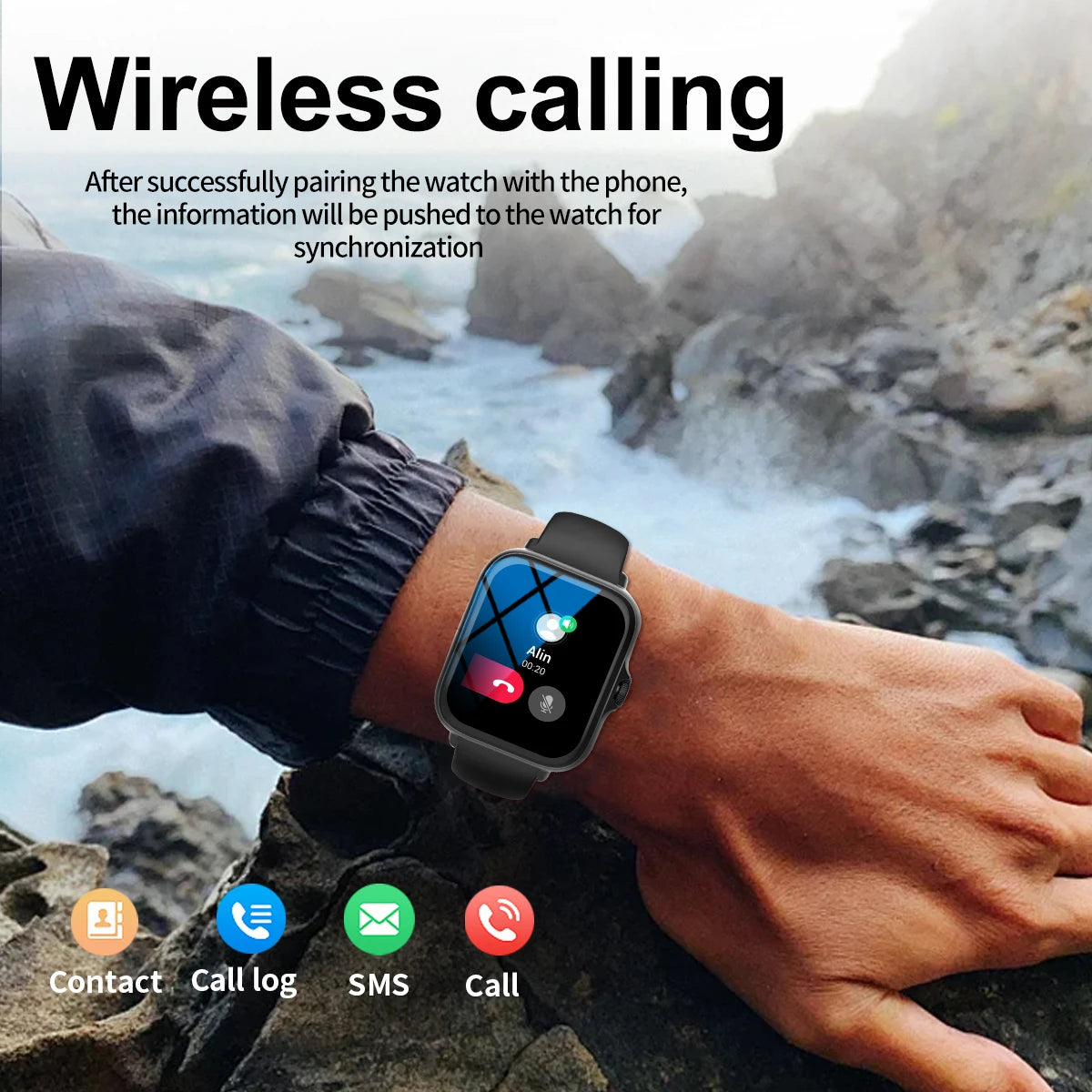 Smart watch with full touch screen, call, message reminder, music control and other functions. Compatible only with iPhone