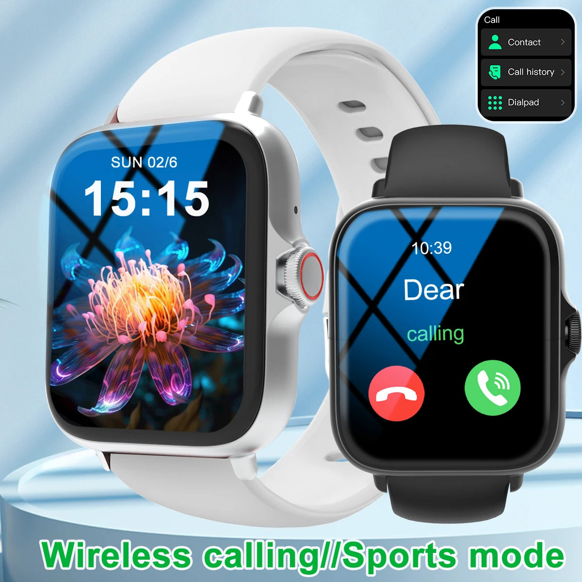 Smart watch with full touch screen, call, message reminder, music control and other functions. Compatible only with iPhone