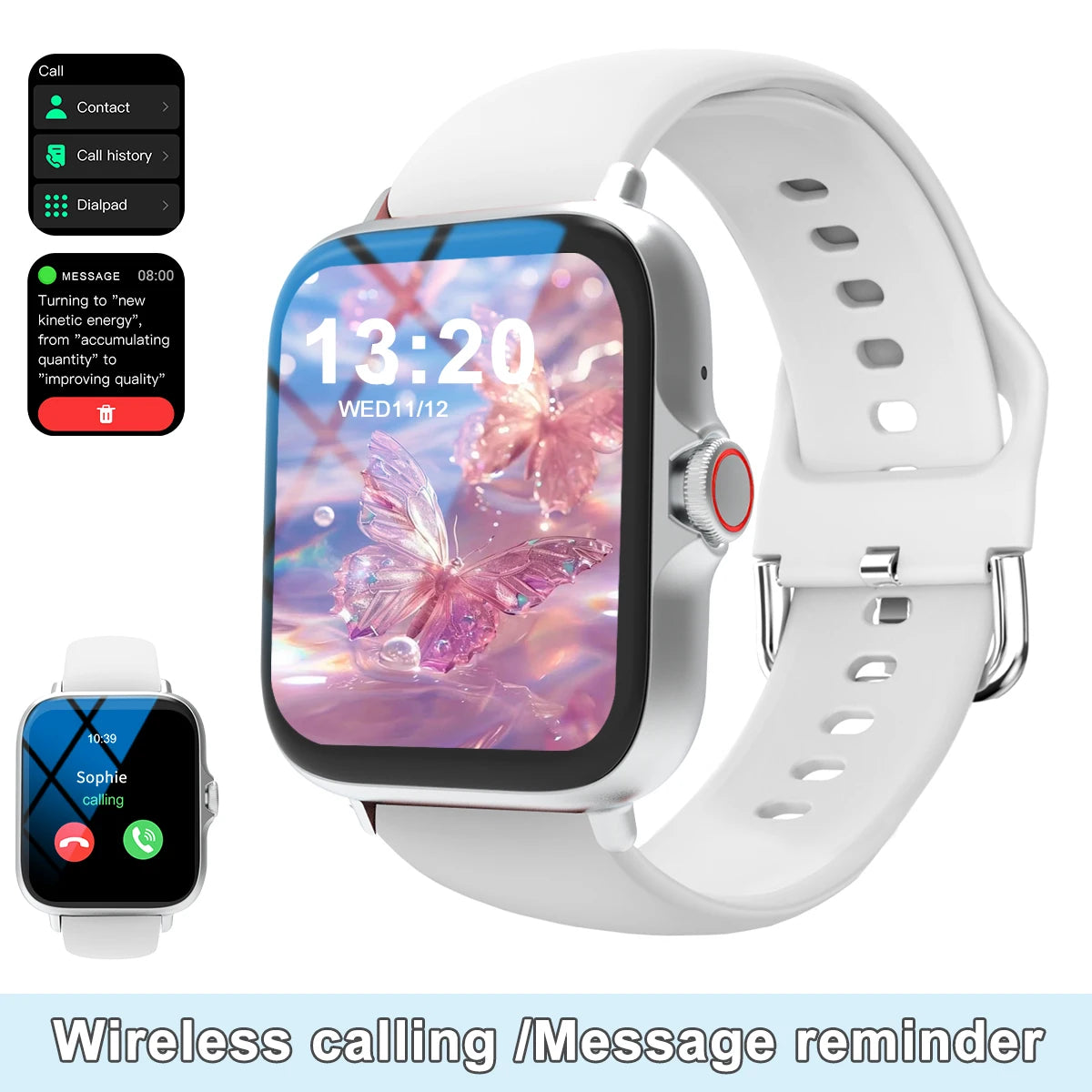 Smart watch with full touch screen, call, message reminder, music control and other functions. Compatible only with iPhone
