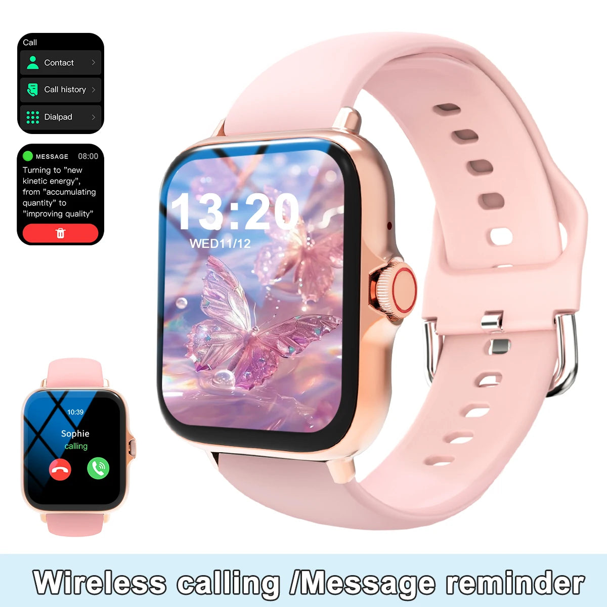 Smart watch with full touch screen, call, message reminder, music control and other functions. Compatible only with iPhone