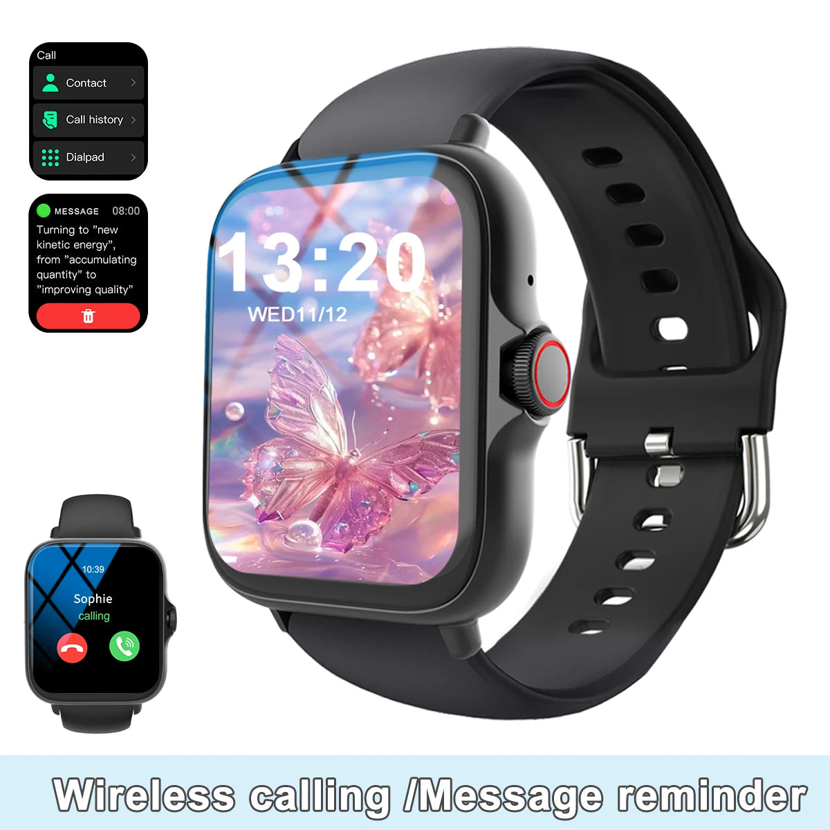 Smart watch with full touch screen, call, message reminder, music control and other functions. Compatible only with iPhone
