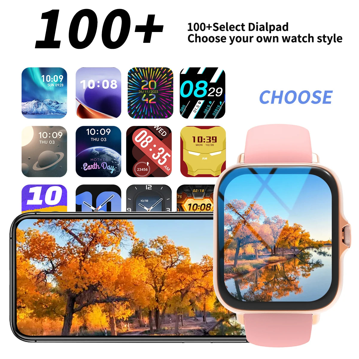 Smart watch with full touch screen, call, message reminder, music control and other functions. Compatible only with iPhone