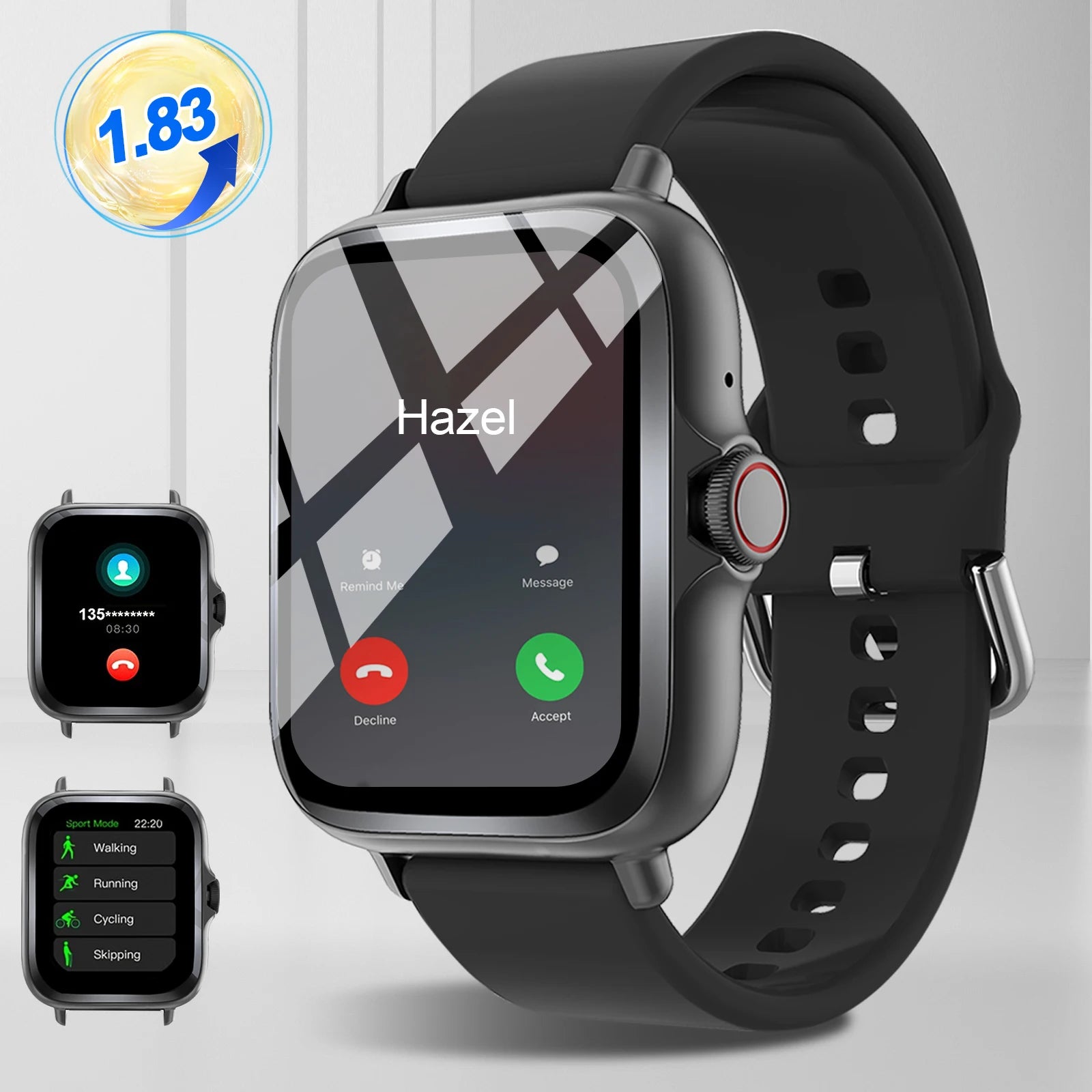 Smart watch with full touch screen, call, message reminder, music control and other functions. Compatible only with iPhone