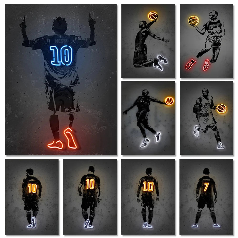 Neon Style Wall Art Poster World Famous Basketball Rugby And Soccer Stars