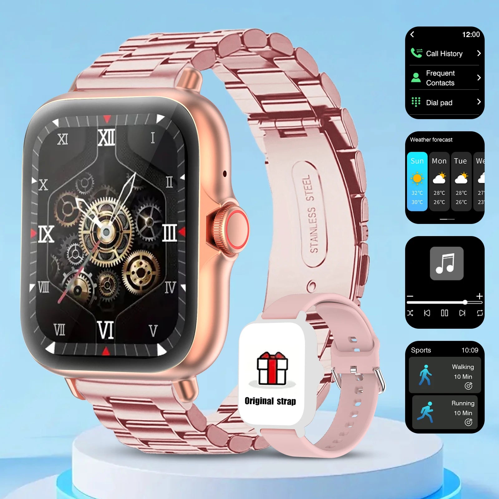 Smart watch with full touch screen, call, message reminder, music control and other functions. Compatible only with iPhone