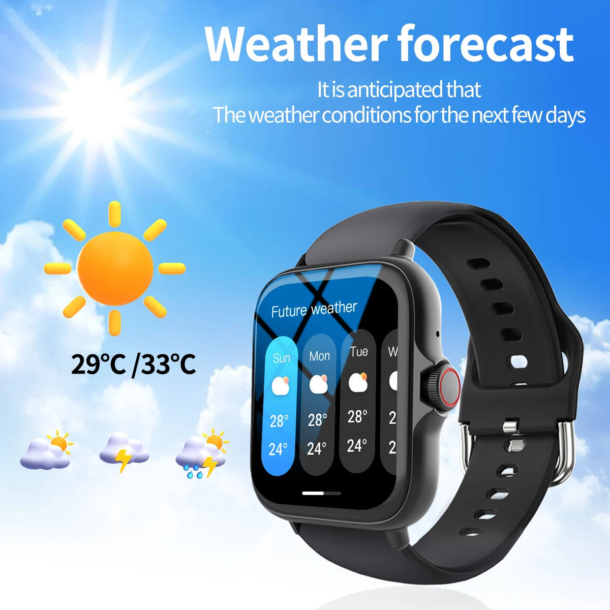 Smart watch with full touch screen, call, message reminder, music control and other functions. Compatible only with iPhone