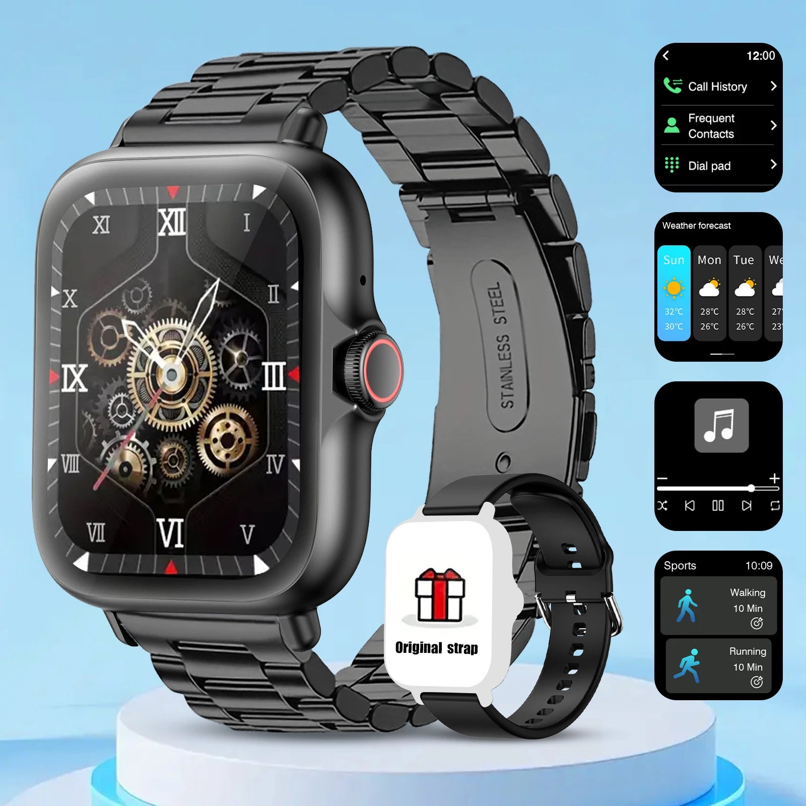 Smart watch with full touch screen, call, message reminder, music control and other functions. Compatible only with iPhone