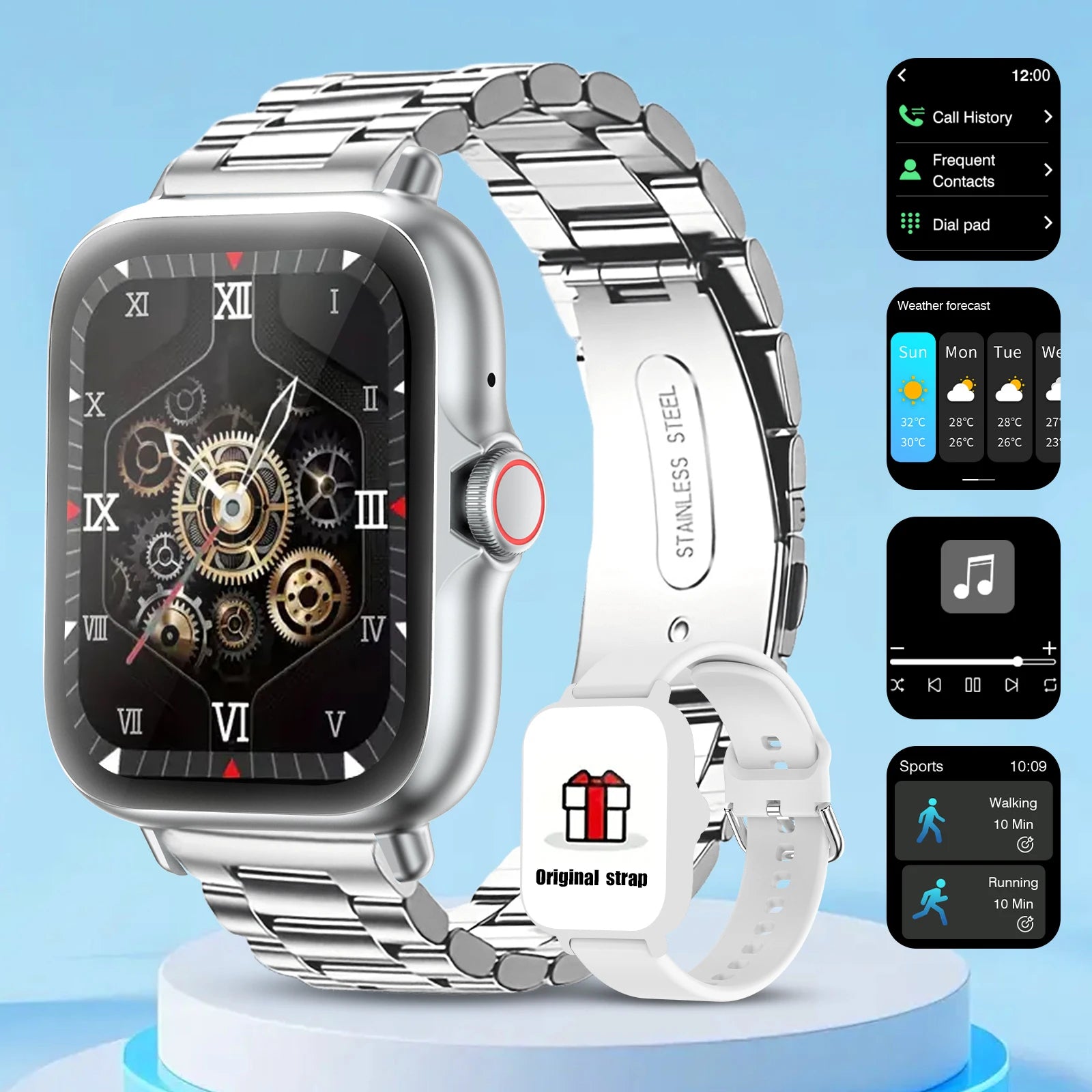 Smart watch with full touch screen, call, message reminder, music control and other functions. Compatible only with iPhone