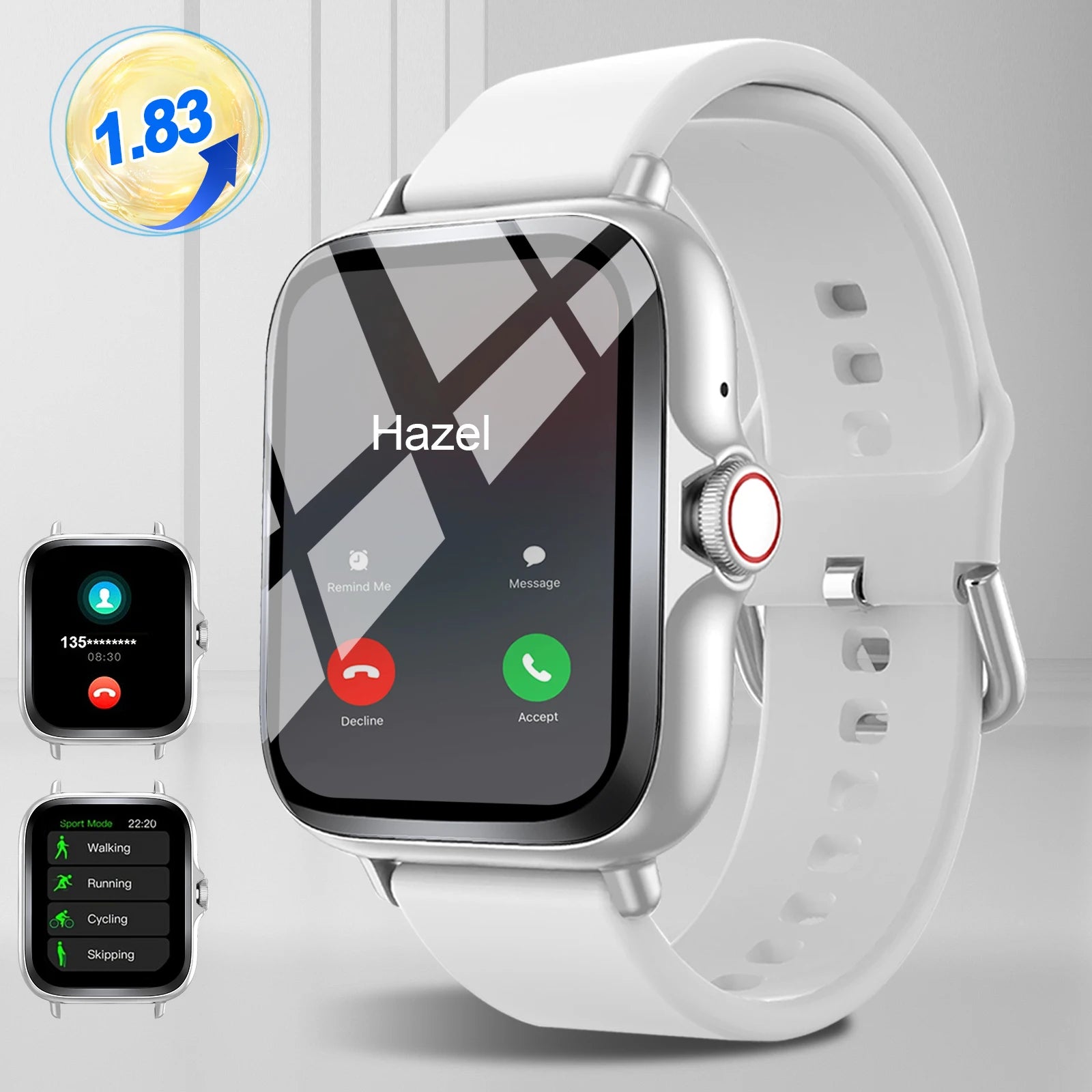 Smart watch with full touch screen, call, message reminder, music control and other functions. Compatible only with iPhone